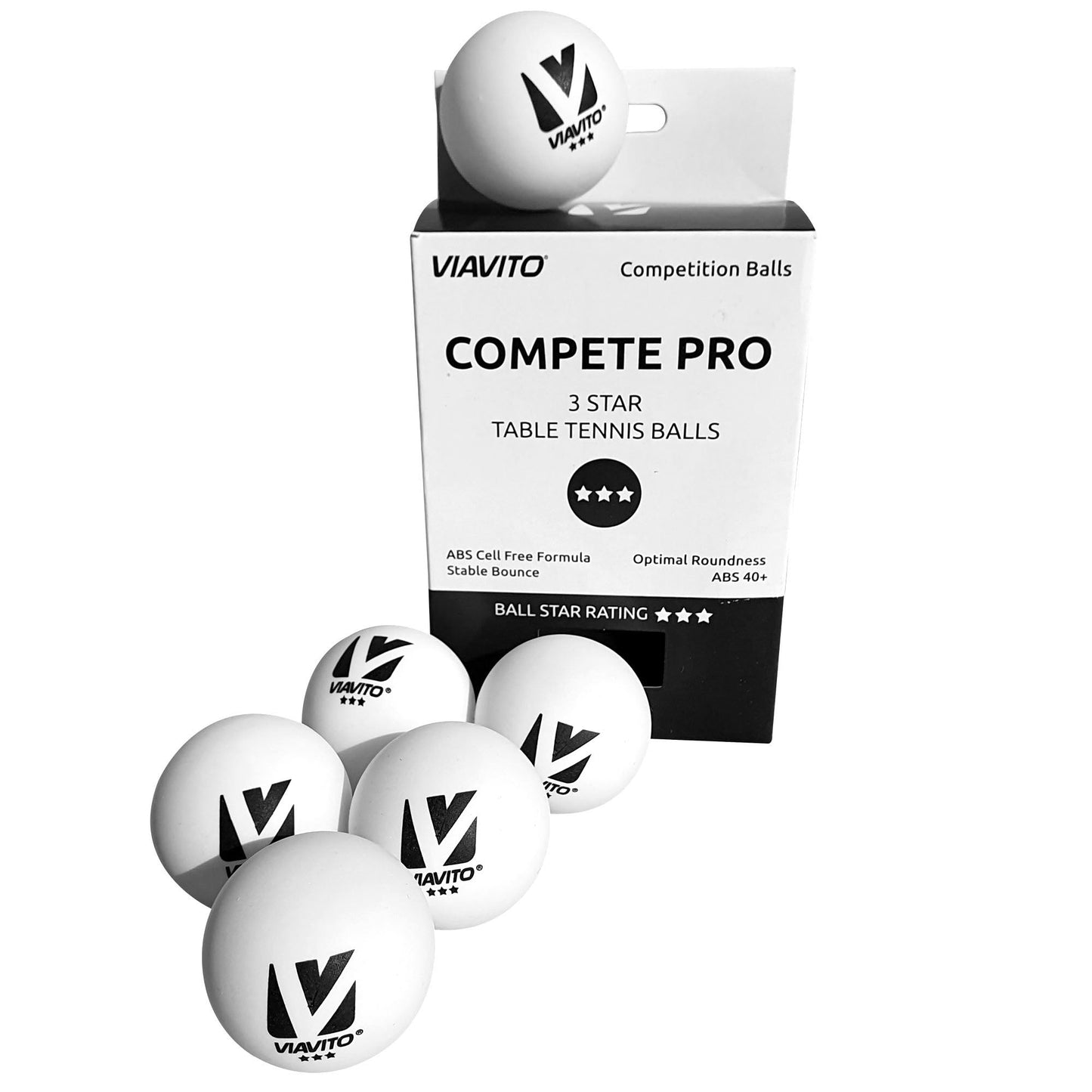 |Viavito Compete Pro 3 Star Table Tennis Balls - Pack of 6 - New - Balls|