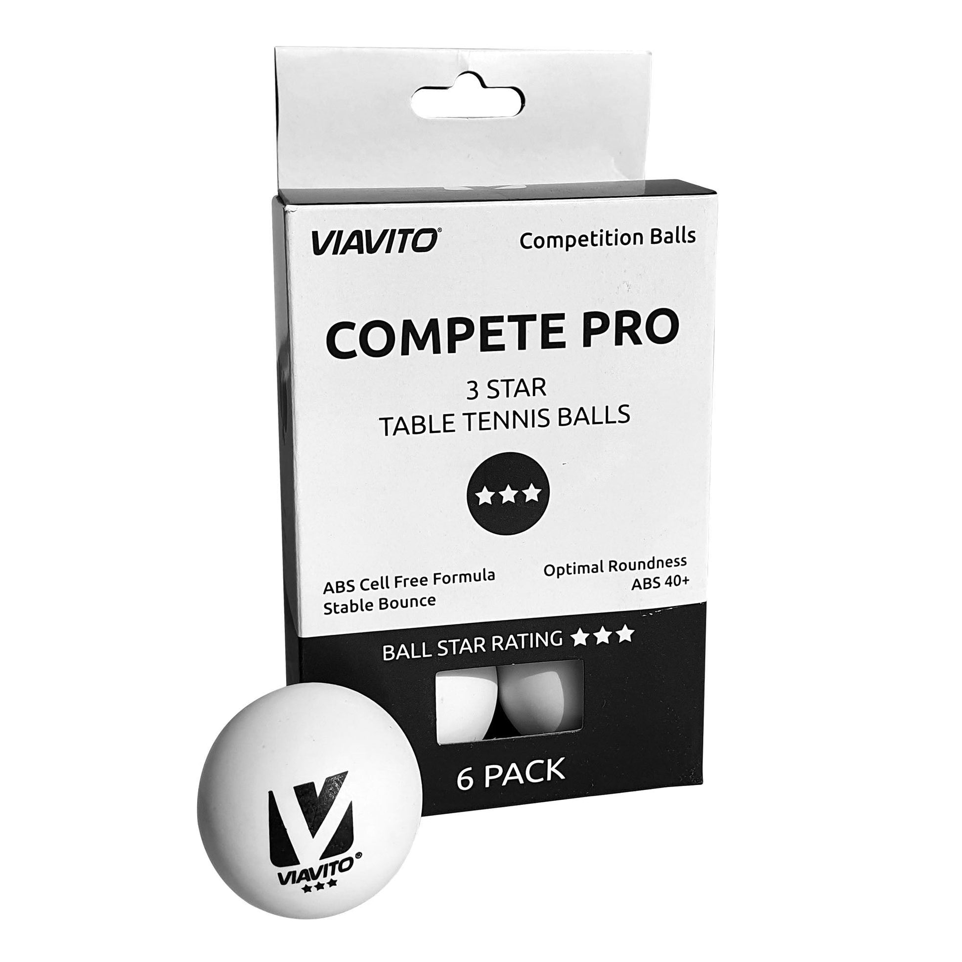 |Viavito Compete Pro 3 Star Table Tennis Balls - Pack of 6 - New - Front|